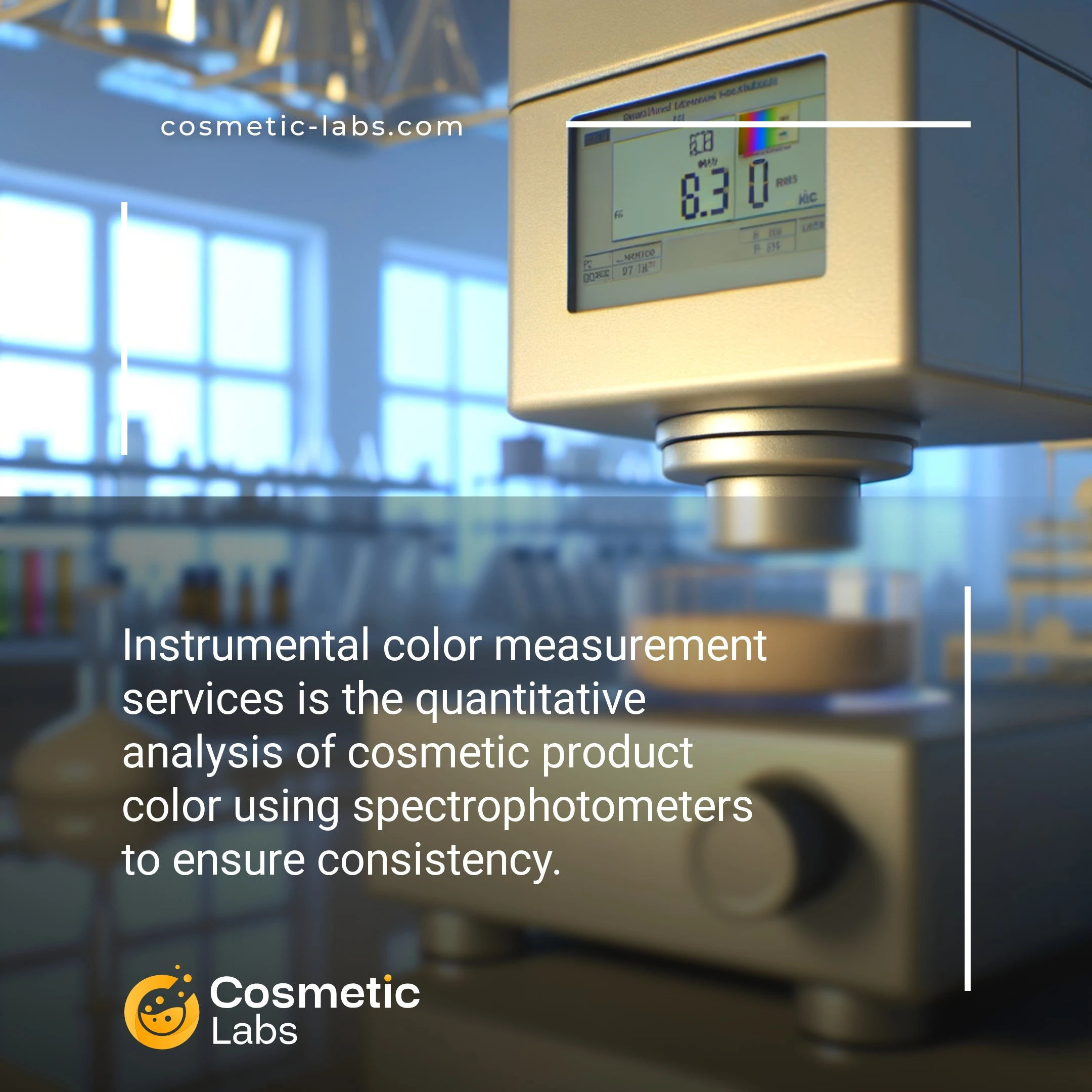 Illustration of Instrumental color measurement services. Instrumental color measurement services is the quantitative analysis of cosmetic product color using spectrophotometers to ensure consistency.
