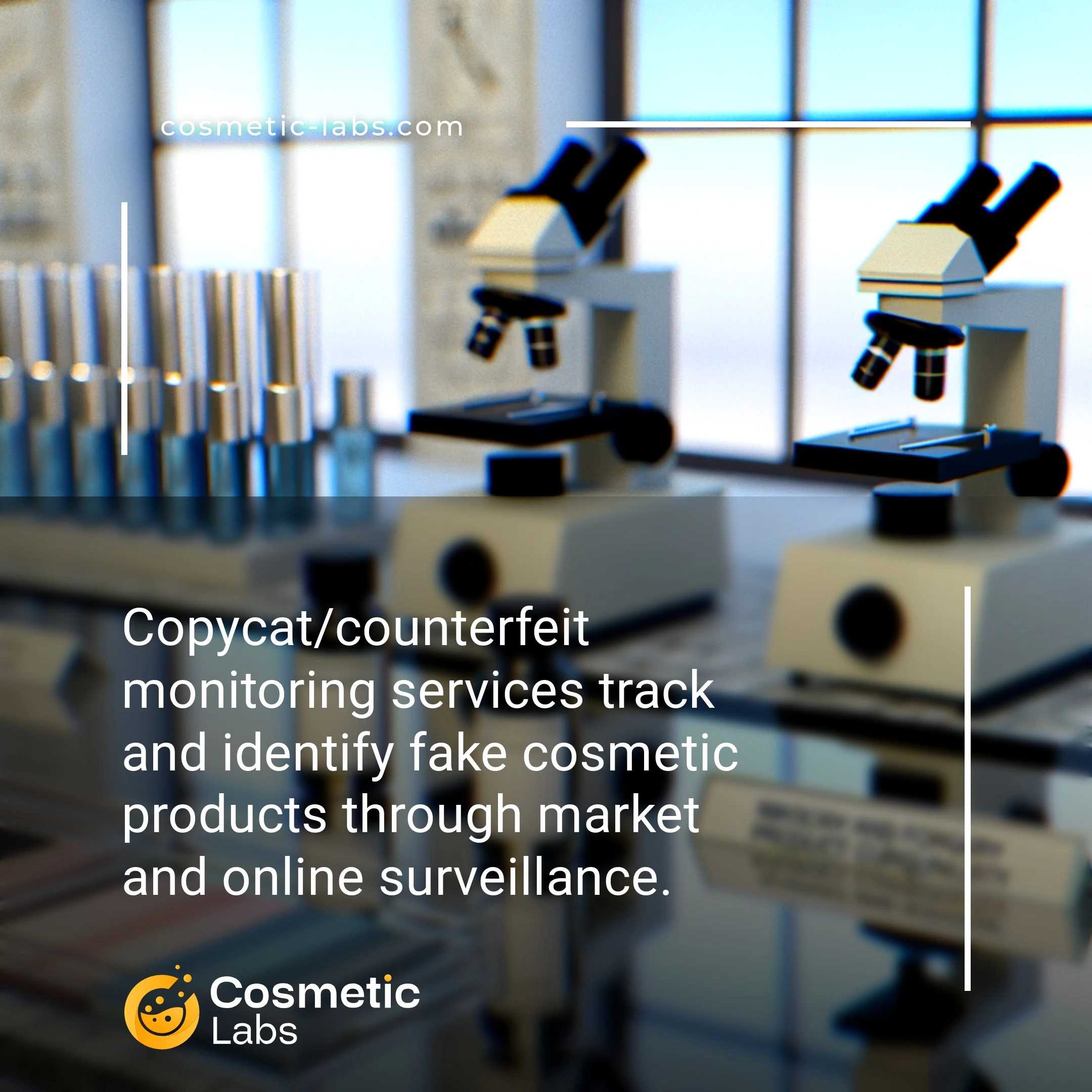Illustration of Copycat/counterfeit monitoring services. Copycat/counterfeit monitoring services track and identify fake cosmetic products through market and online surveillance.