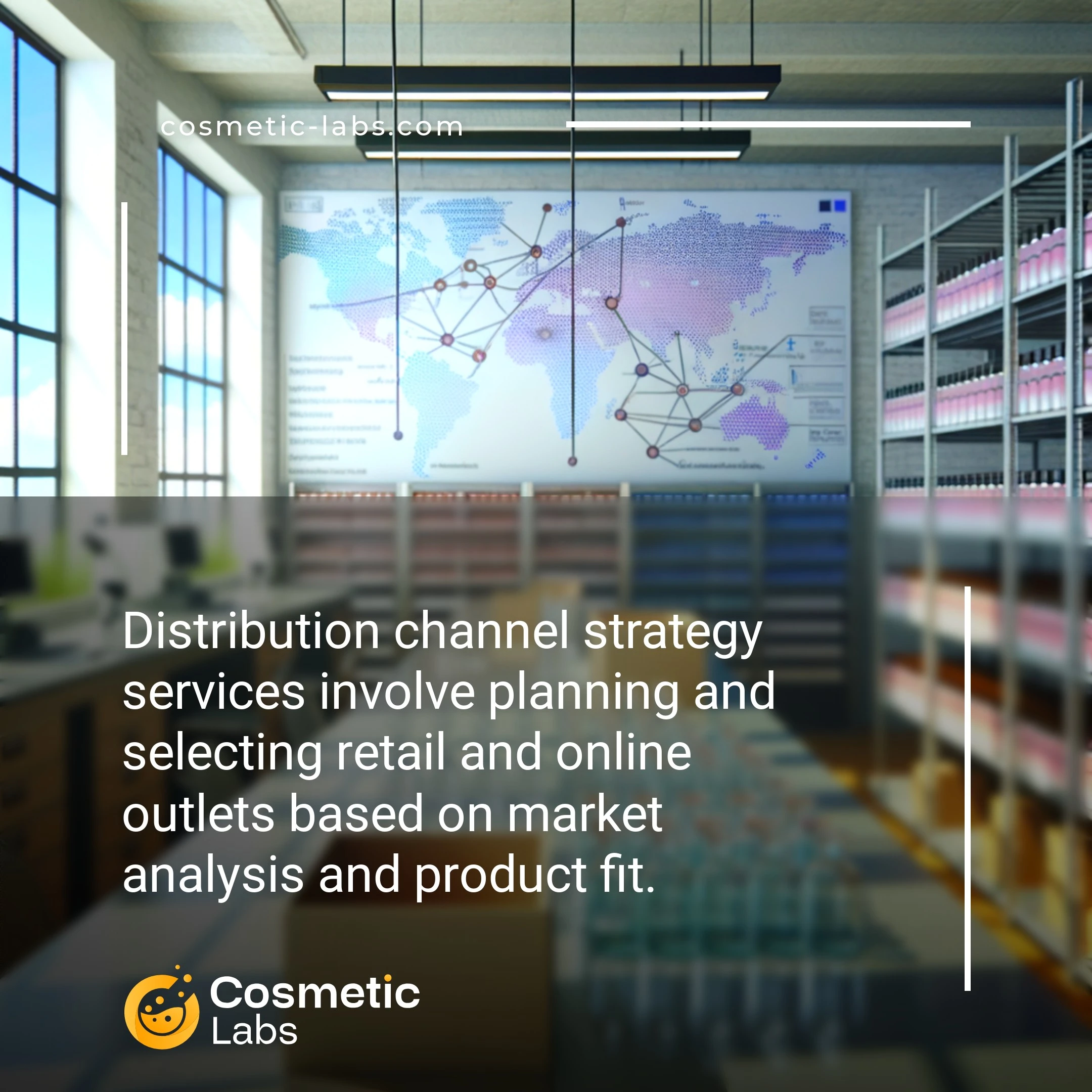 Illustration of Distribution channel strategy services. Distribution channel strategy services involve planning and selecting retail and online outlets based on market analysis and product fit.