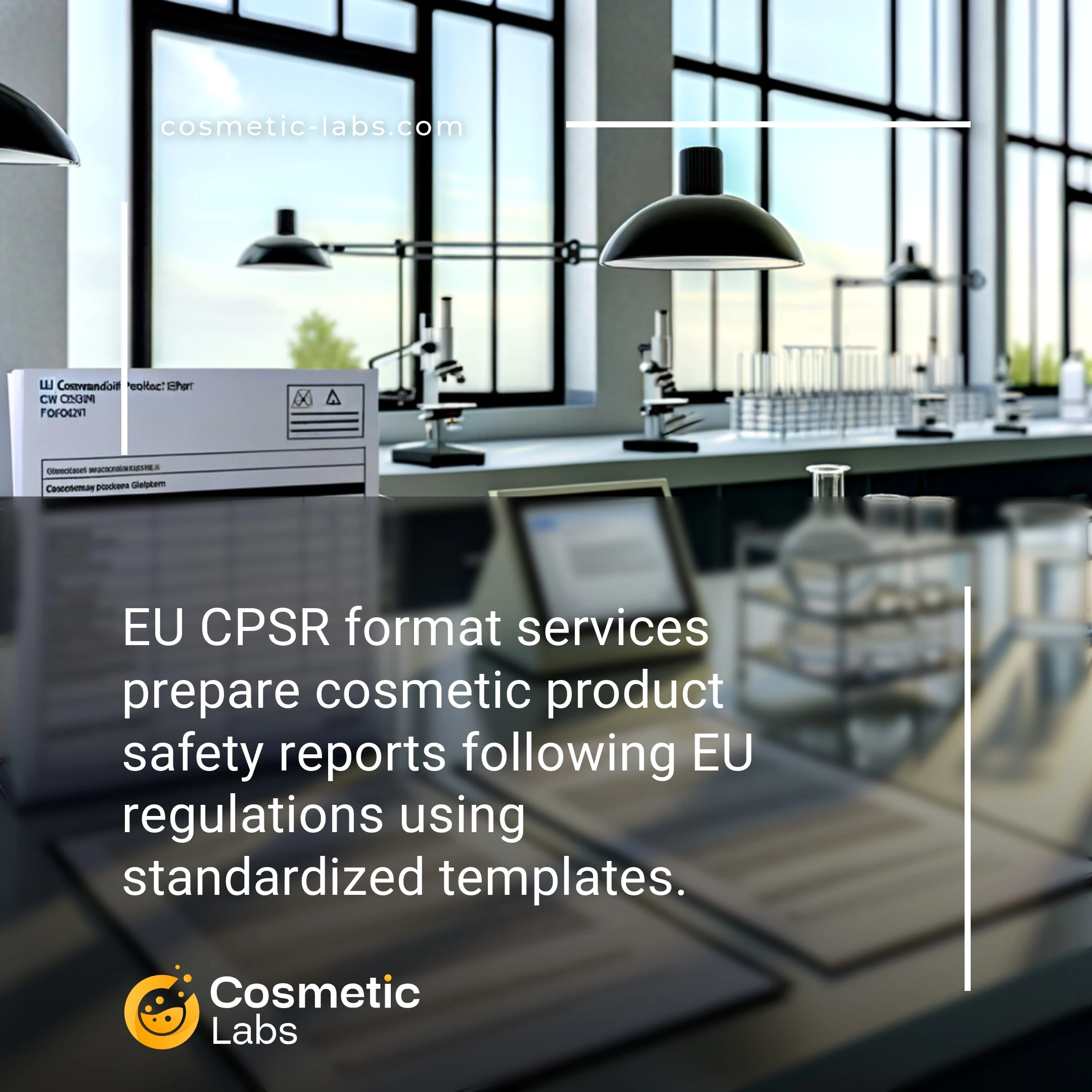 Illustration of EU CPSR format services. EU CPSR format services prepare cosmetic product safety reports following EU regulations using standardized templates.