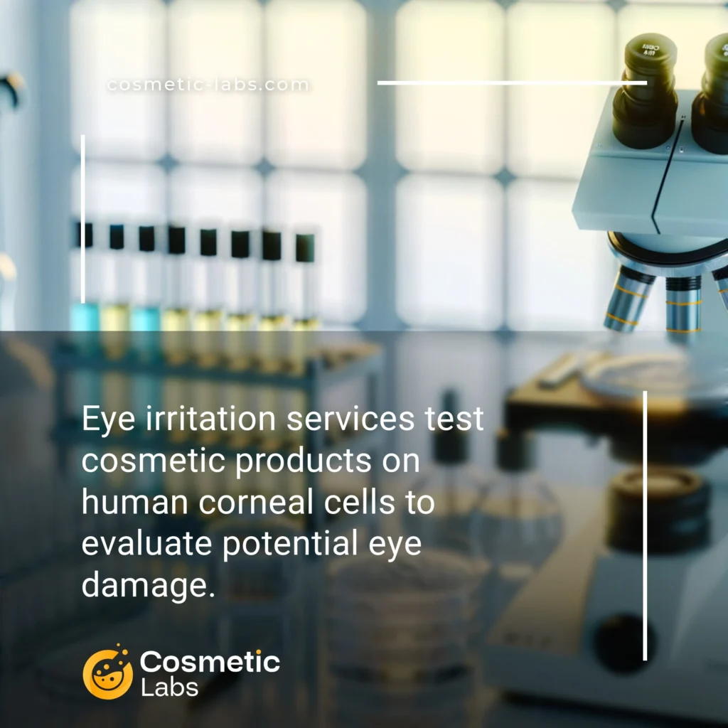 Illustration of Eye irritation services. Eye irritation services test cosmetic products on human corneal cells to evaluate potential eye damage.