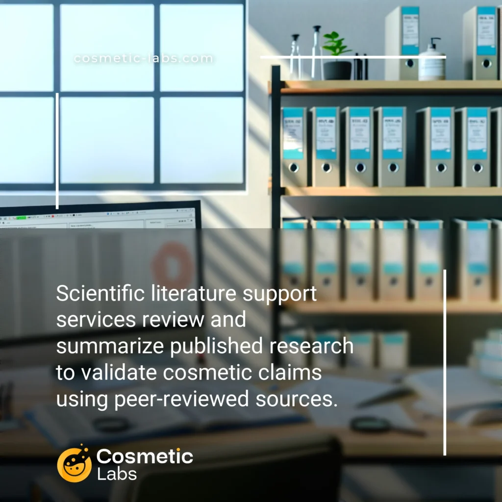 Illustration of Scientific literature support services. Scientific literature support services review and summarize published research to validate cosmetic claims using peer-reviewed sources.
