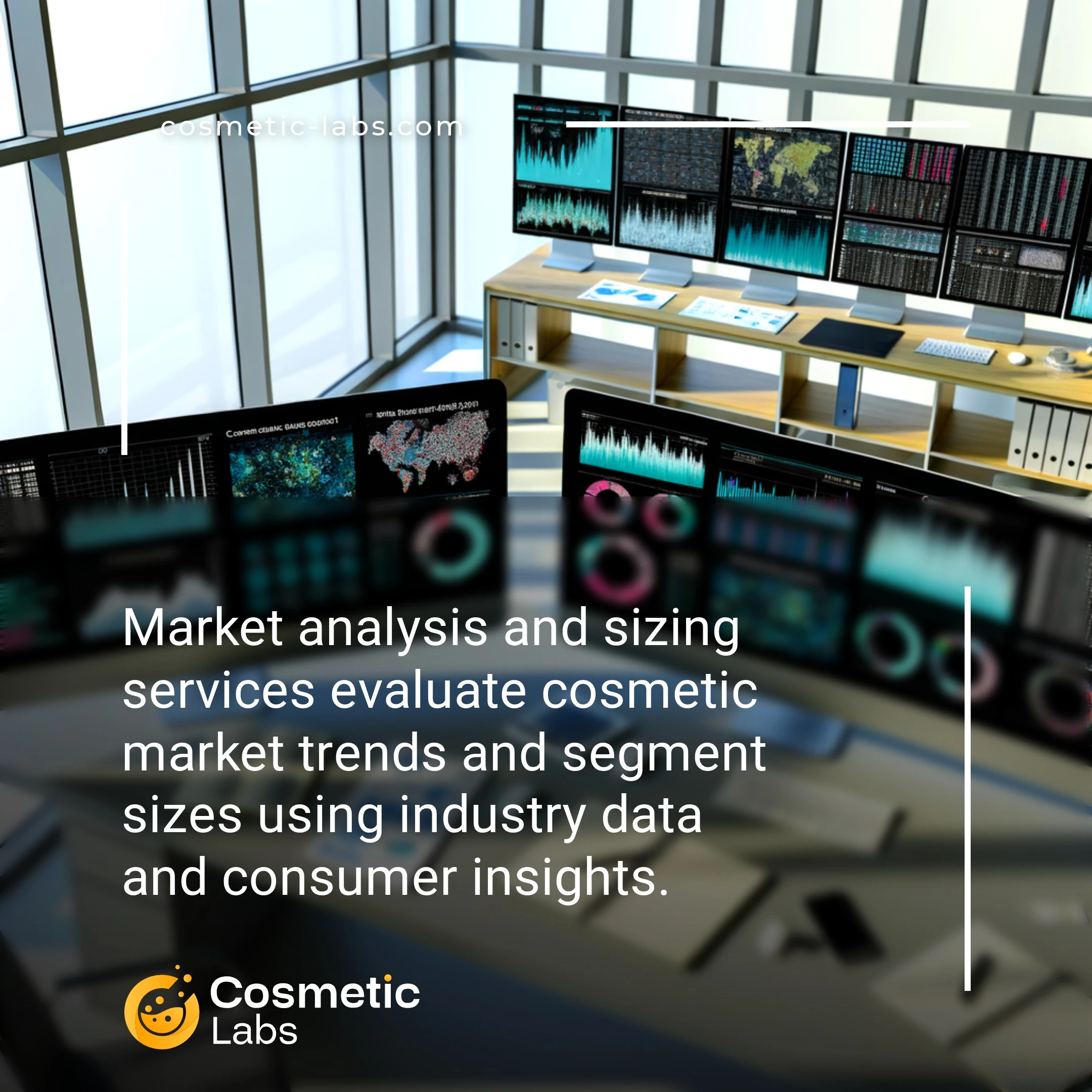 Illustration of Market analysis and sizing services. Market analysis and sizing services evaluate cosmetic market trends and segment sizes using industry data and consumer insights.