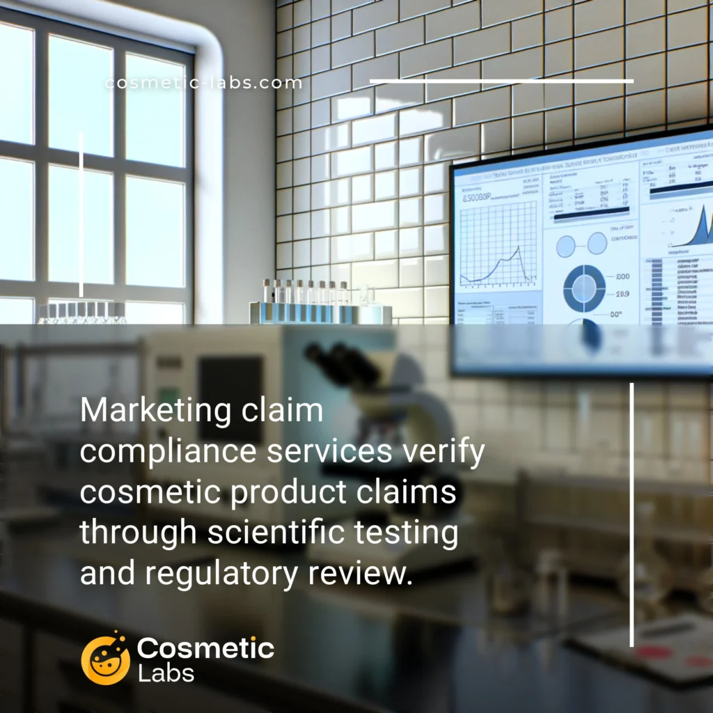 Illustration of Marketing claim compliance services. Marketing claim compliance services verify cosmetic product claims through scientific testing and regulatory review.