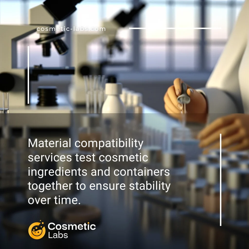 Illustration of Material compatibility services. Material compatibility services test cosmetic ingredients and containers together to ensure stability over time.