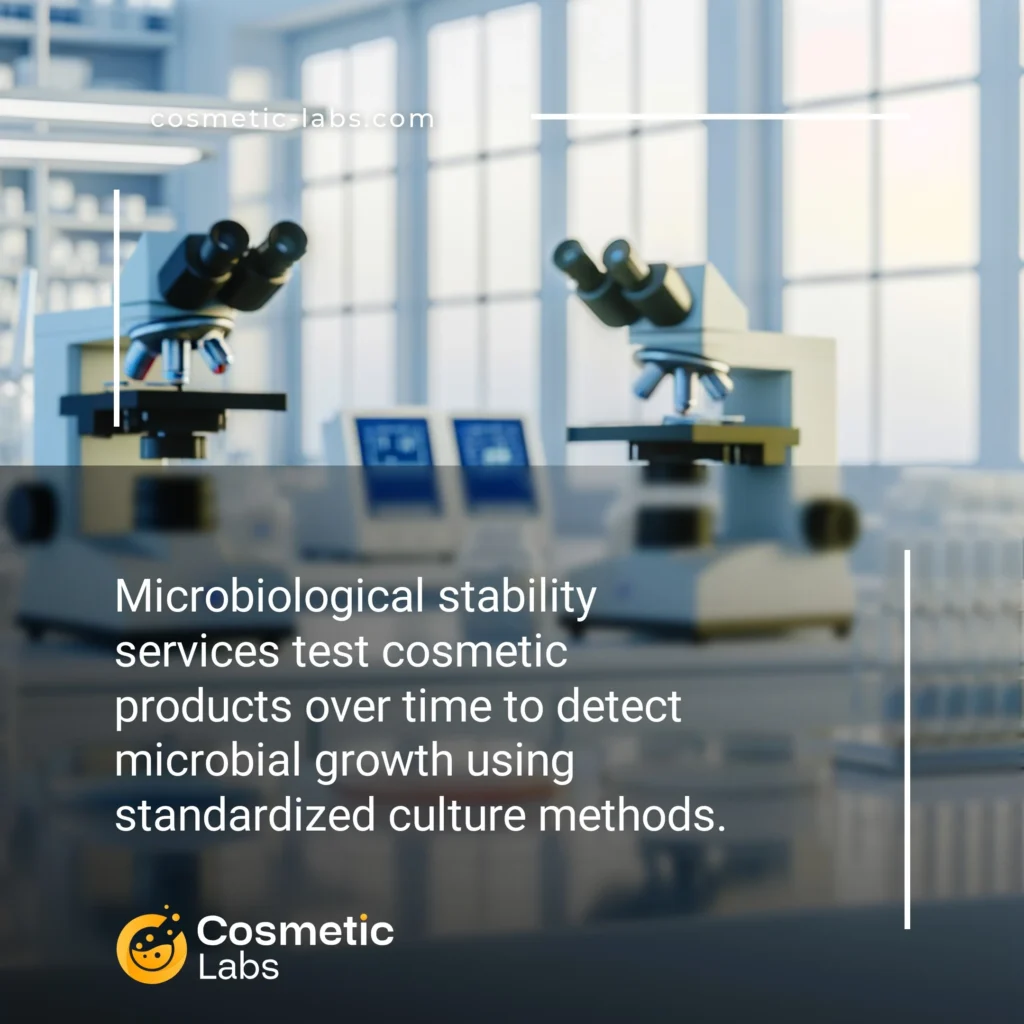 Illustration of Microbiological stability services. Microbiological stability services test cosmetic products over time to detect microbial growth using standardized culture methods.