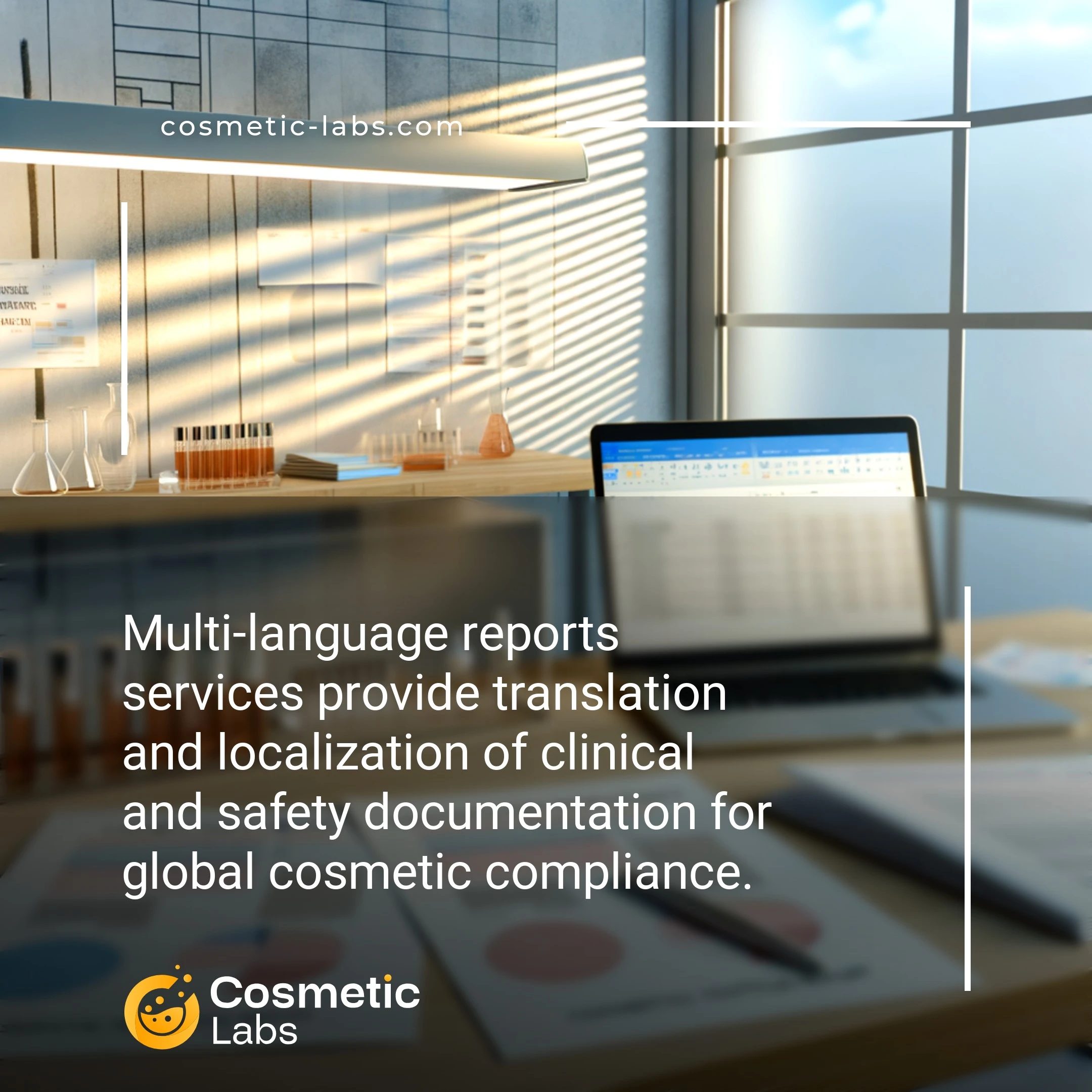 Illustration of Multi-language reports services. Multi-language reports services provide translation and localization of clinical and safety documentation for global cosmetic compliance.