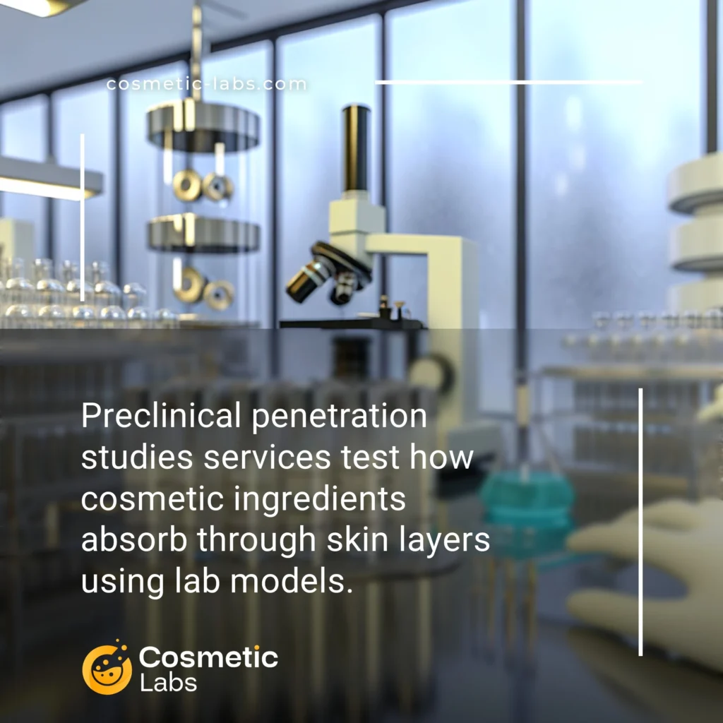 Illustration of Preclinical penetration studies services. Preclinical penetration studies services test how cosmetic ingredients absorb through skin layers using lab models.