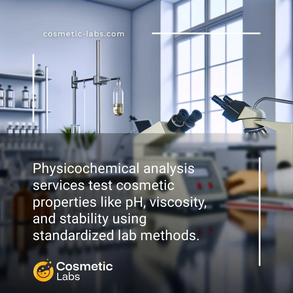 Illustration of Physicochemical analysis services. Physicochemical analysis services test cosmetic properties like pH, viscosity, and stability using standardized lab methods.