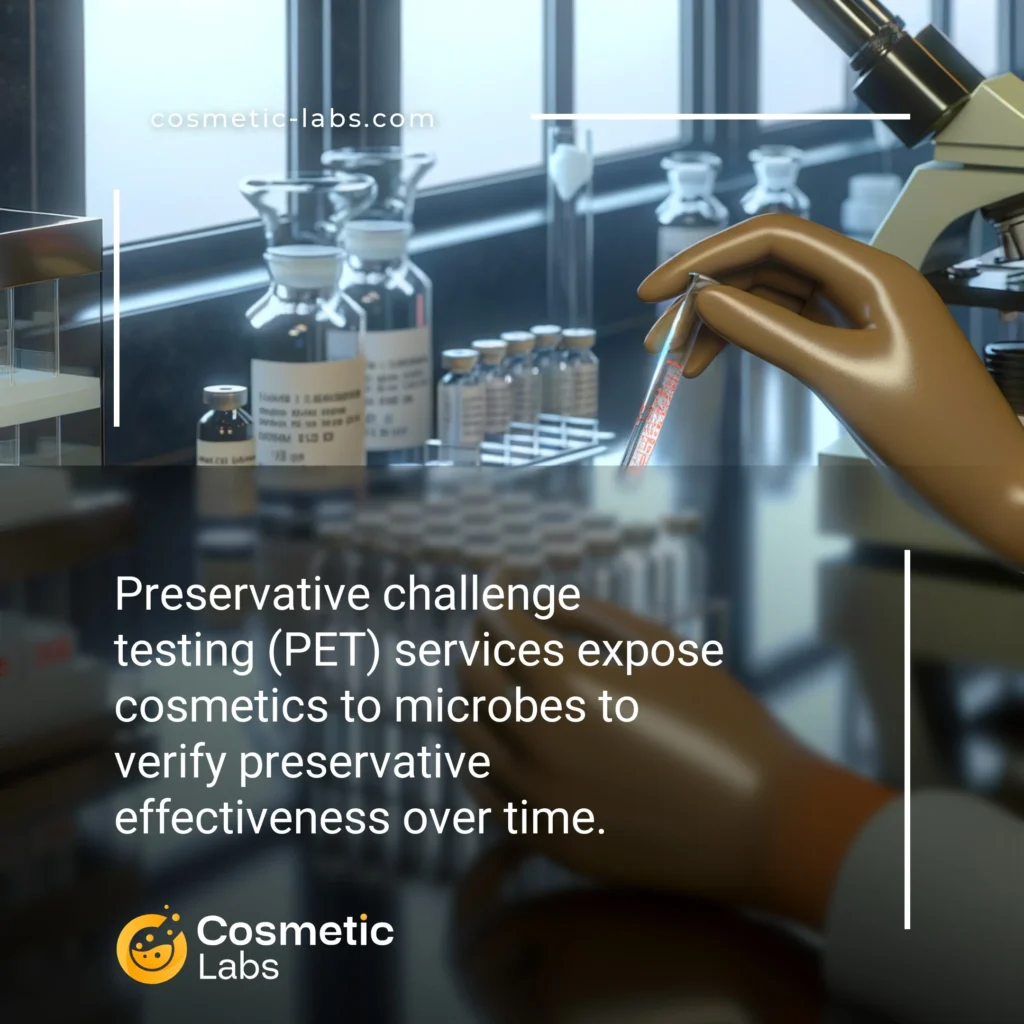 Illustration of Preservative challenge testing (PET) services. Preservative challenge testing (PET) services expose cosmetics to microbes to verify preservative effectiveness over time.