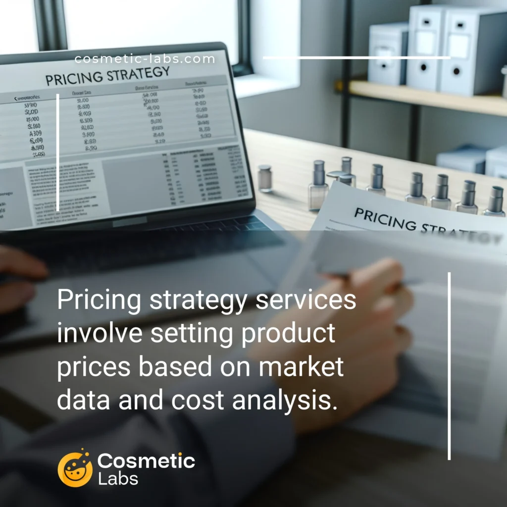 Illustration of Pricing strategy services. Pricing strategy services involve setting product prices based on market data and cost analysis.