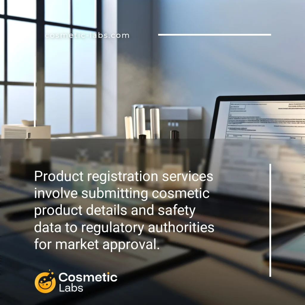 Illustration of Product registration services. Product registration services involve submitting cosmetic product details and safety data to regulatory authorities for market approval.