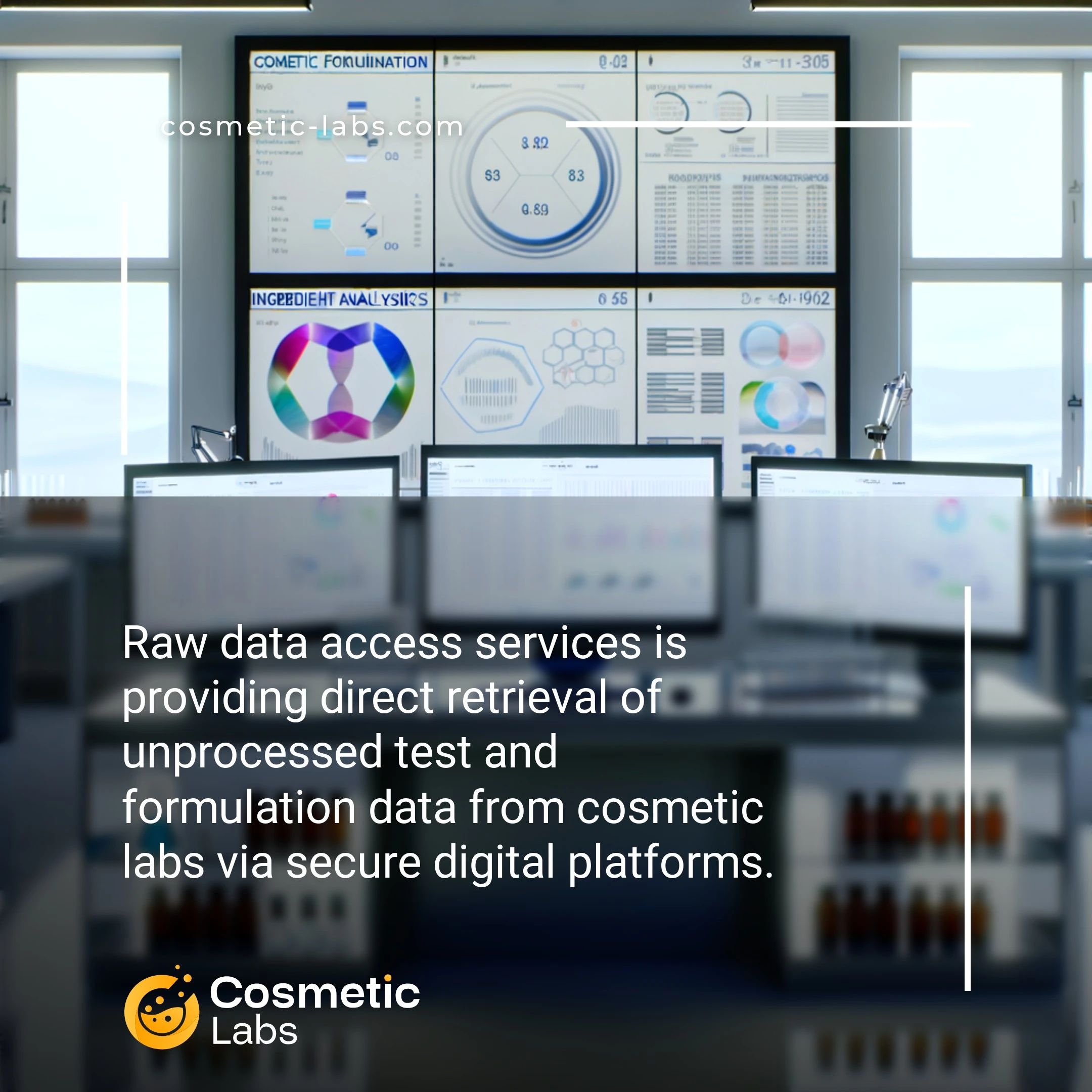 Illustration of Raw data access services. Raw data access services is providing direct retrieval of unprocessed test and formulation data from cosmetic labs via secure digital platforms.