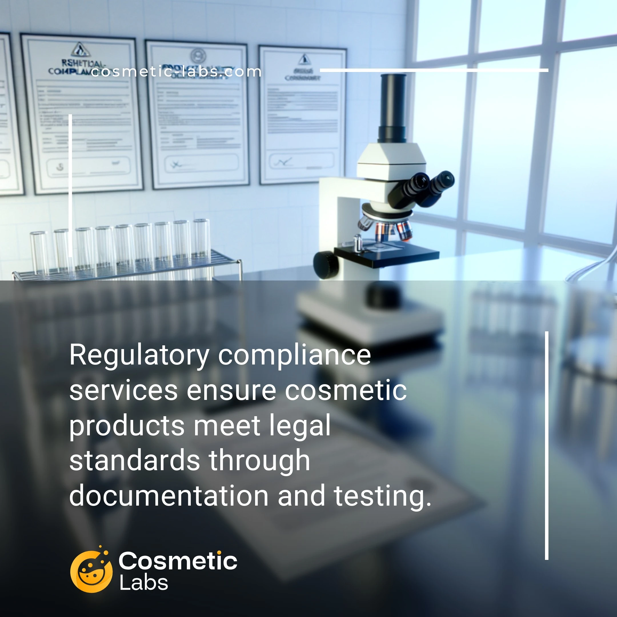 Illustration of Regulatory compliance services. Regulatory compliance services ensure cosmetic products meet legal standards through documentation and testing.