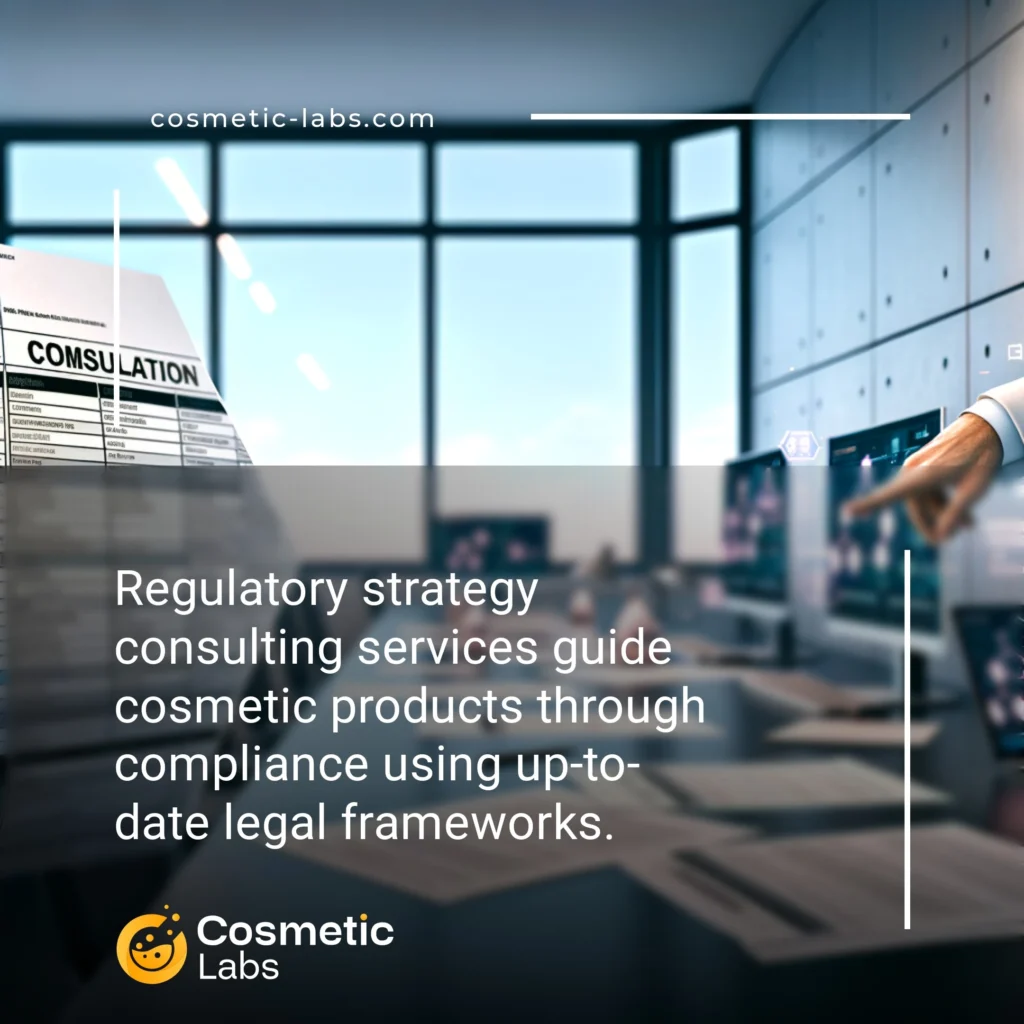 Illustration of Regulatory strategy consulting services. Regulatory strategy consulting services guide cosmetic products through compliance using up-to-date legal frameworks.