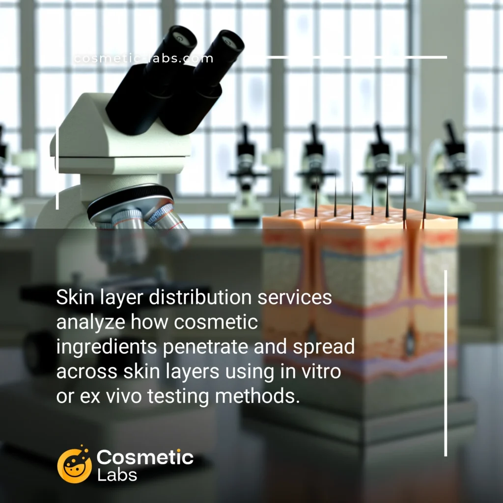 Illustration of Skin layer distribution services. Skin layer distribution services analyze how cosmetic ingredients penetrate and spread across skin layers using in vitro or ex vivo testing methods.