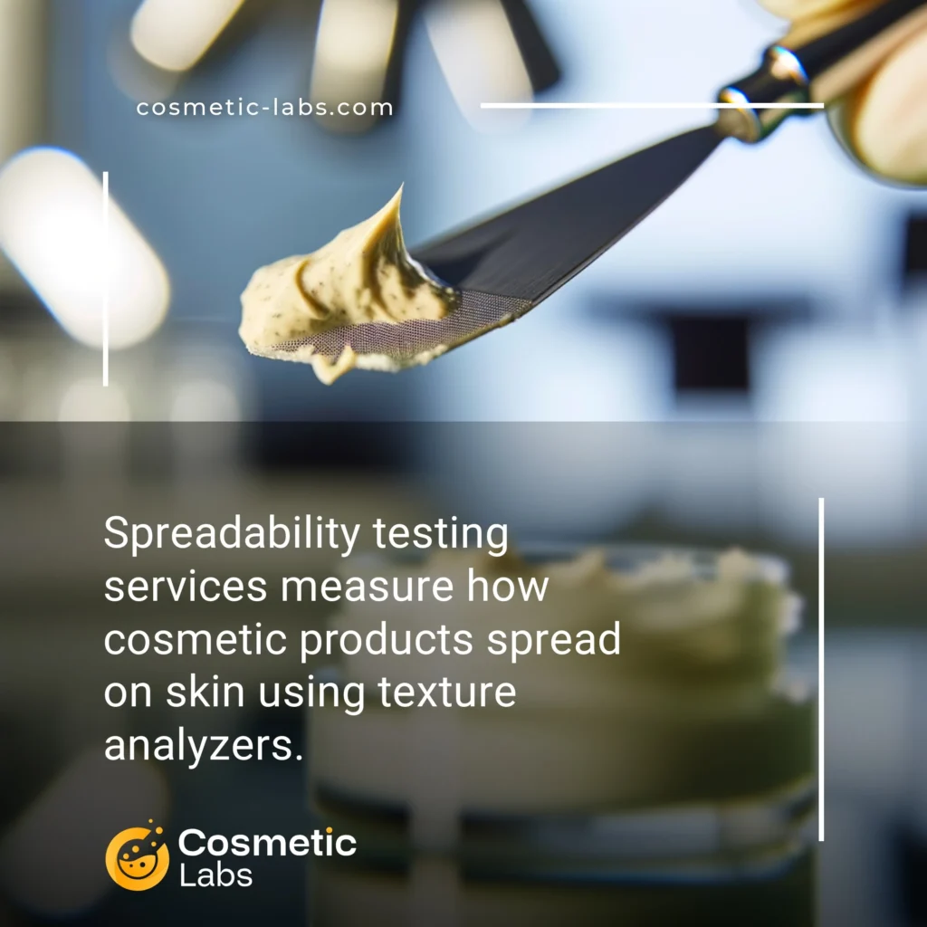 Illustration of Spreadability testing services. Spreadability testing services measure how cosmetic products spread on skin using texture analyzers.
