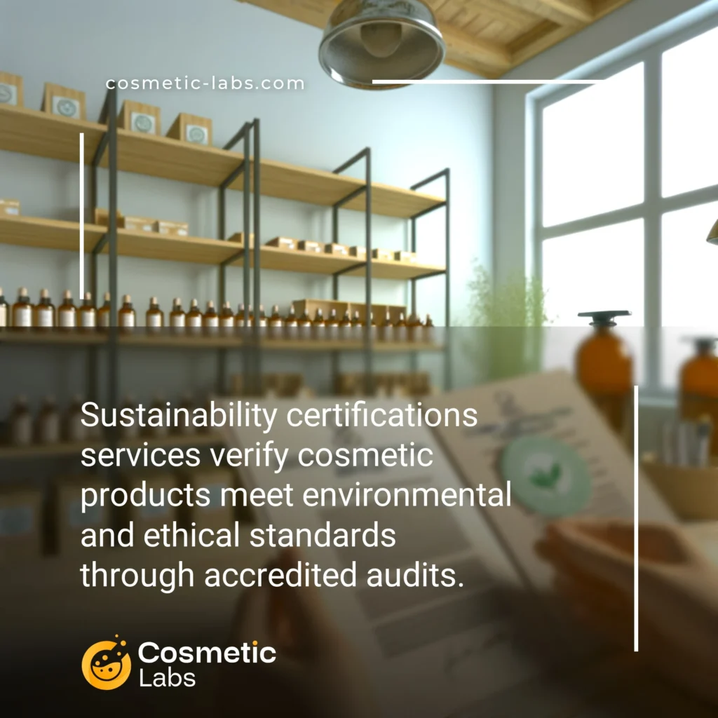 Illustration of Sustainability certifications services. Sustainability certifications services verify cosmetic products meet environmental and ethical standards through accredited audits.
