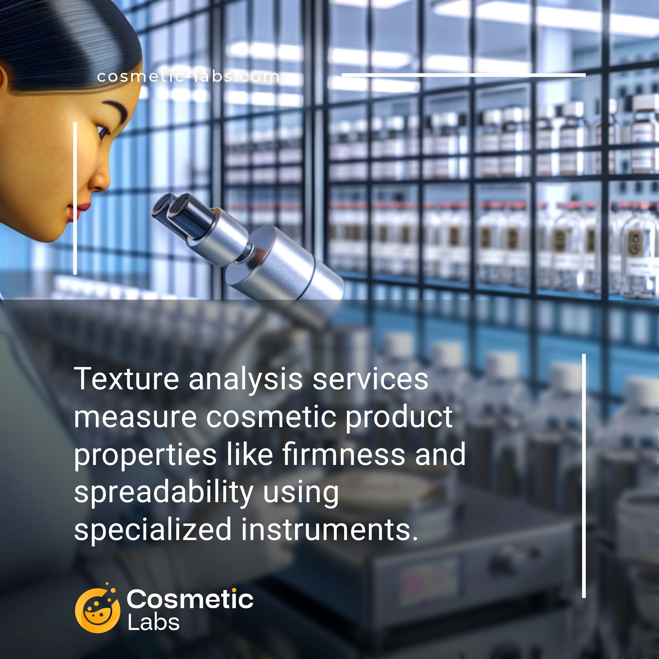 Illustration of Texture analysis services. Texture analysis services measure cosmetic product properties like firmness and spreadability using specialized instruments.