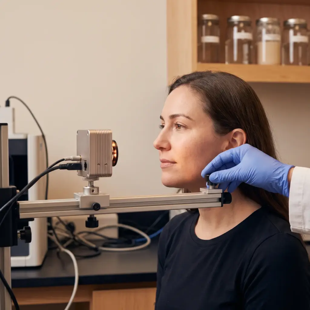 Editorial illustration of a woman beside a non-contact facial scanner while an assessor adjusts its mount.