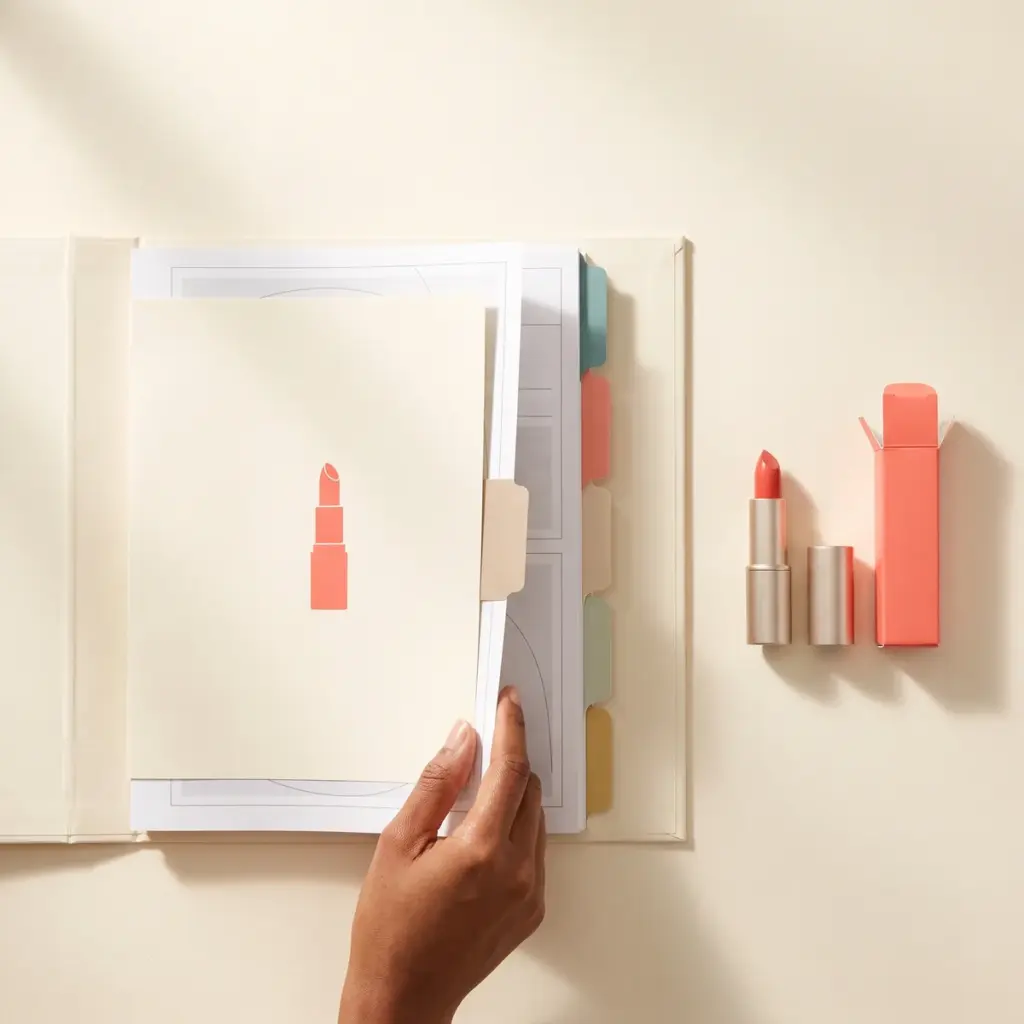 Tabbed cosmetic dossier beside a coral lipstick and carton, with a hand opening a divider.