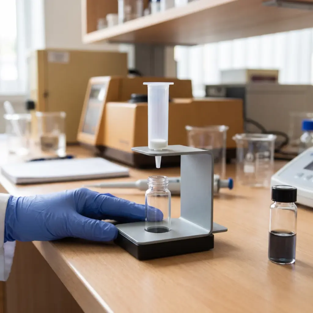 A supported extraction cartridge sits above an open glass receiving vial beside a capped companion vial and gloved hand.