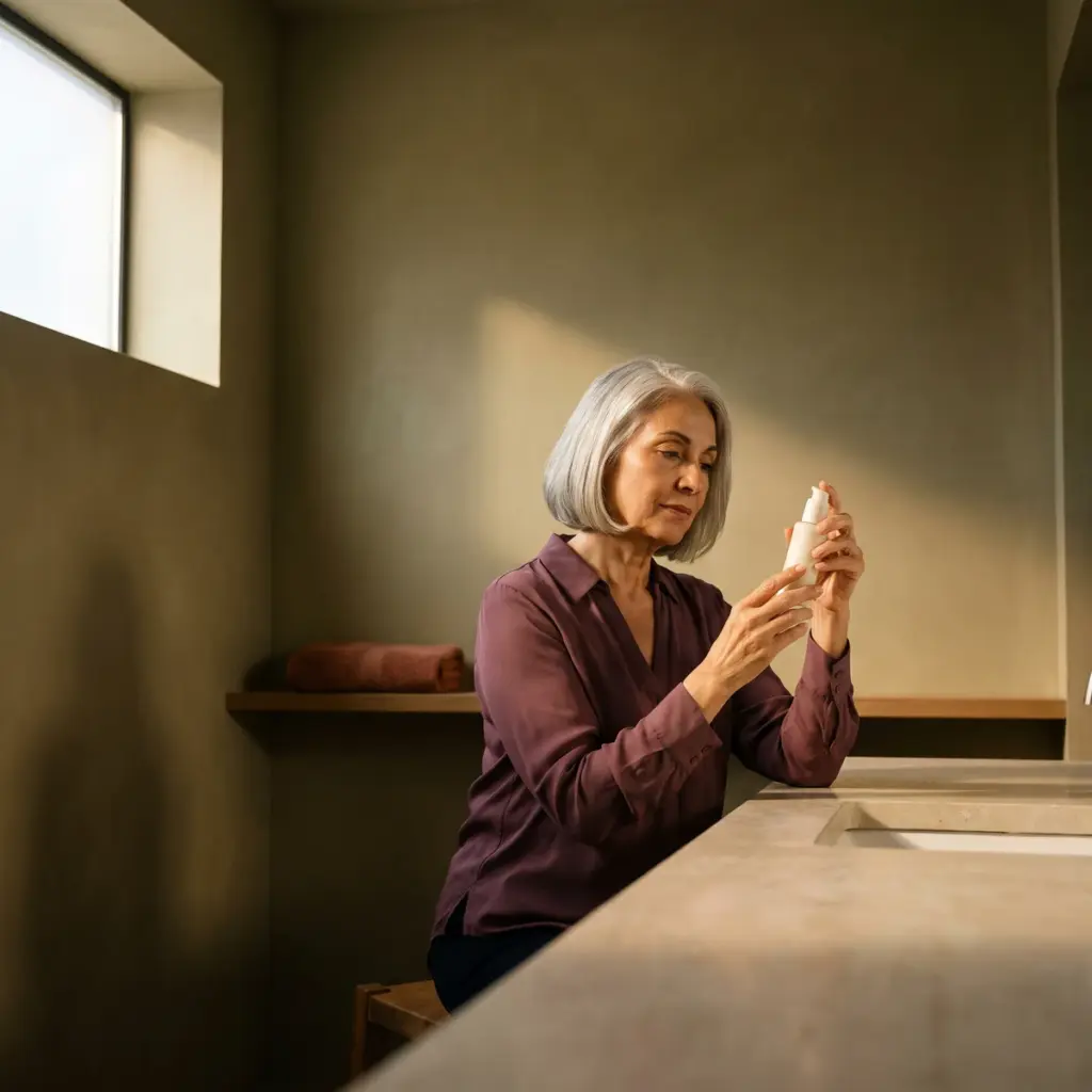 Mature woman examines a pump bottle with both hands at a warmly lit bathroom vanity.