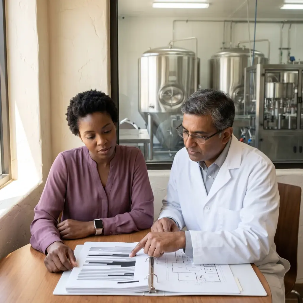 Founder and lab specialist review records beside a window overlooking cosmetic production equipment.