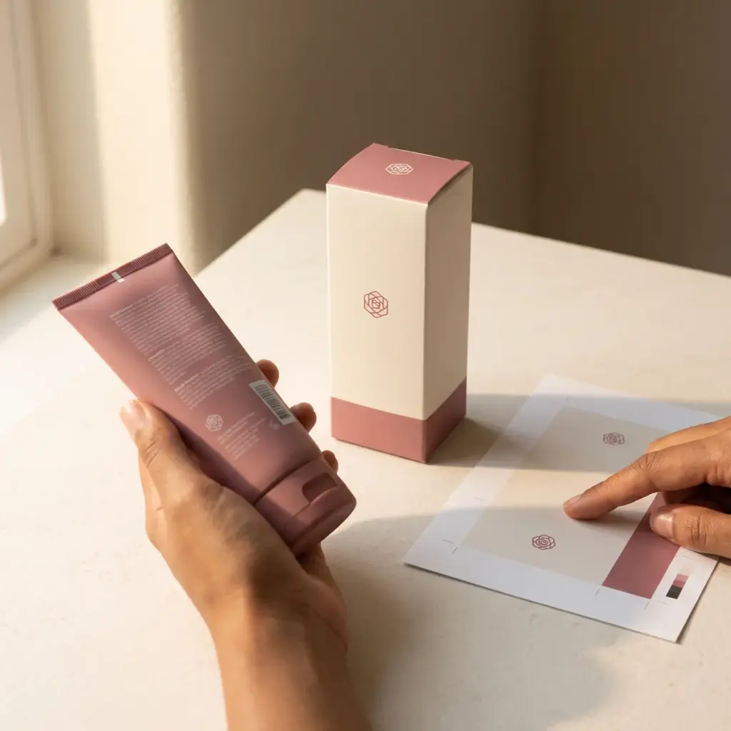 Hands compare a cosmetic tube and matching carton with an artwork proof on a clean ivory surface.