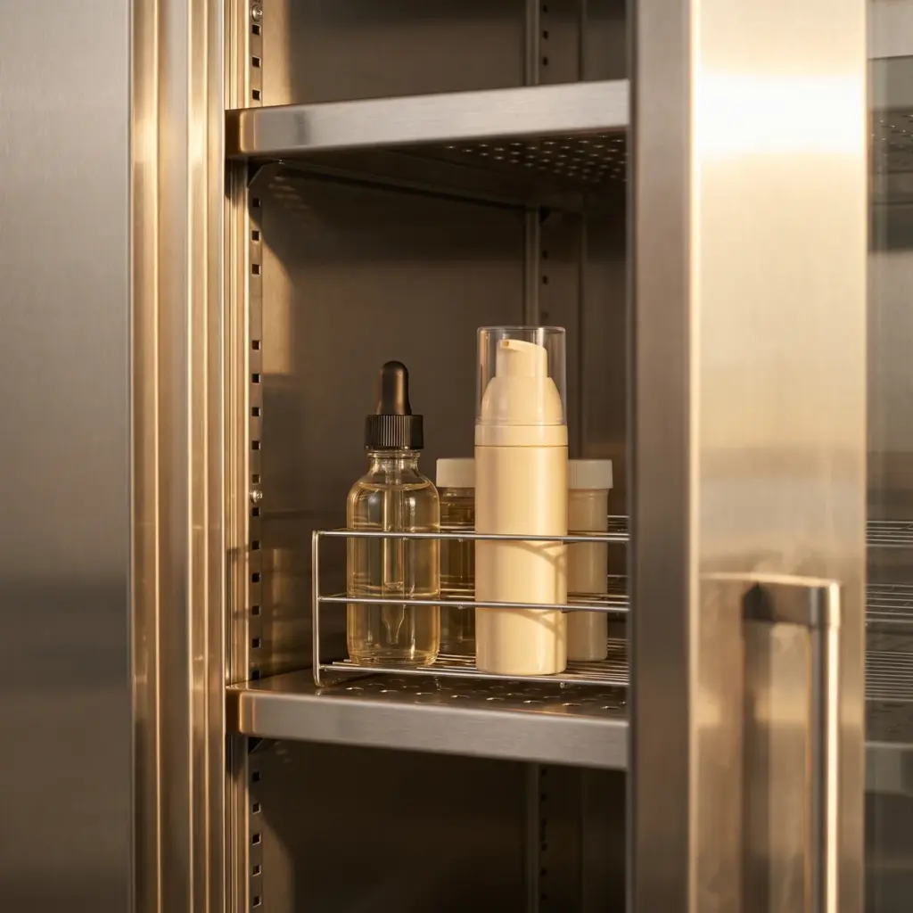 Capped glass dropper bottle and opaque capped pump bottle in a rack inside an open storage cabinet.