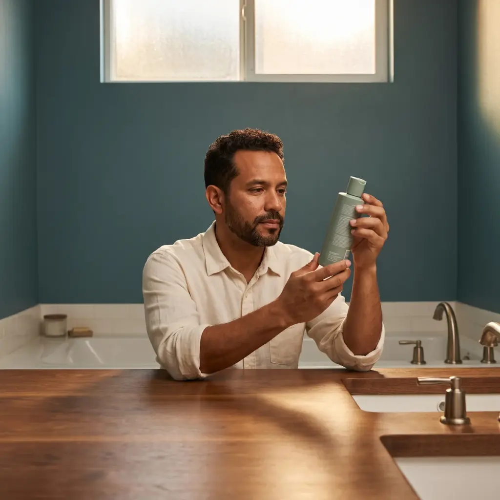 Man examines the back label of a sage-green body-care bottle at a sunlit bathroom counter.