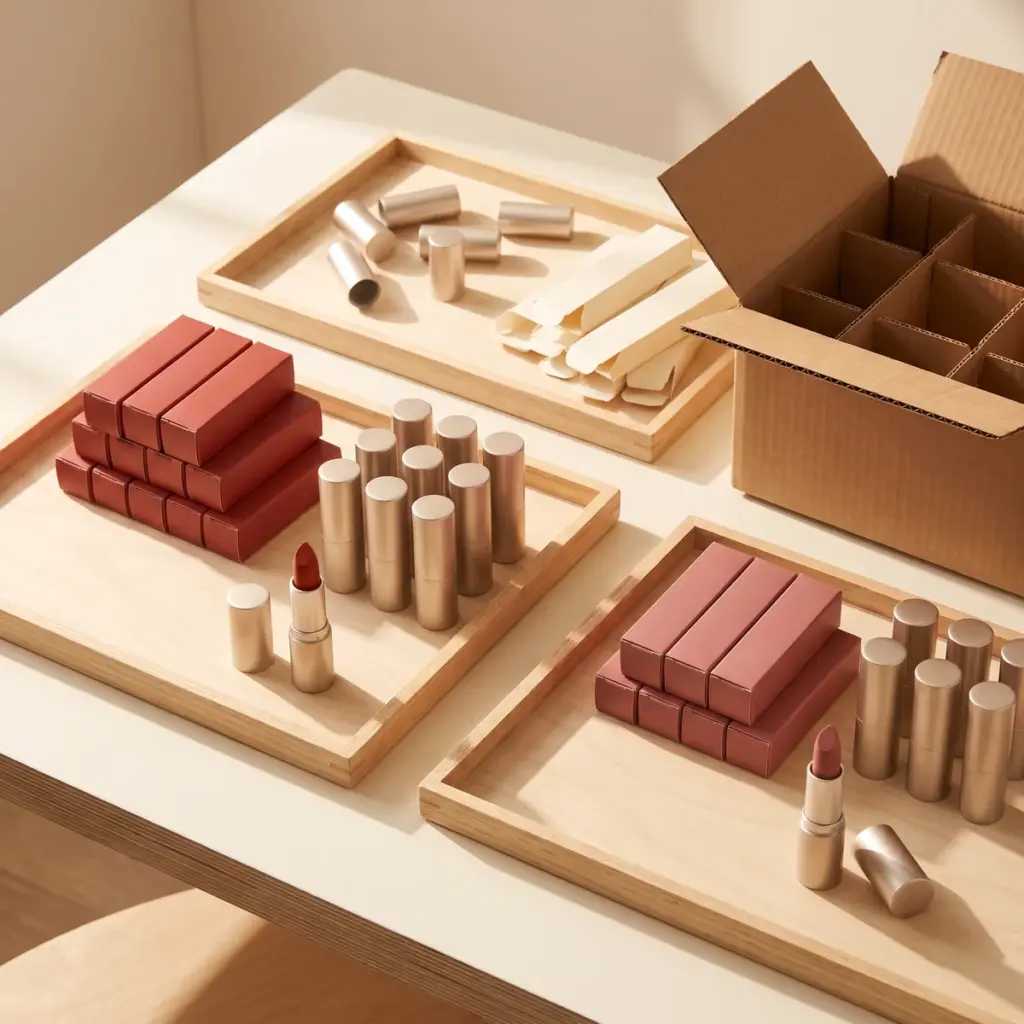 Grouped lipsticks with red and rose cartons, loose packaging components and an open divided shipping box.