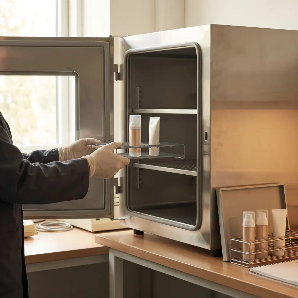 Gloved hands load a rack of closed cosmetic packs onto a shelf inside a thermal cabinet.