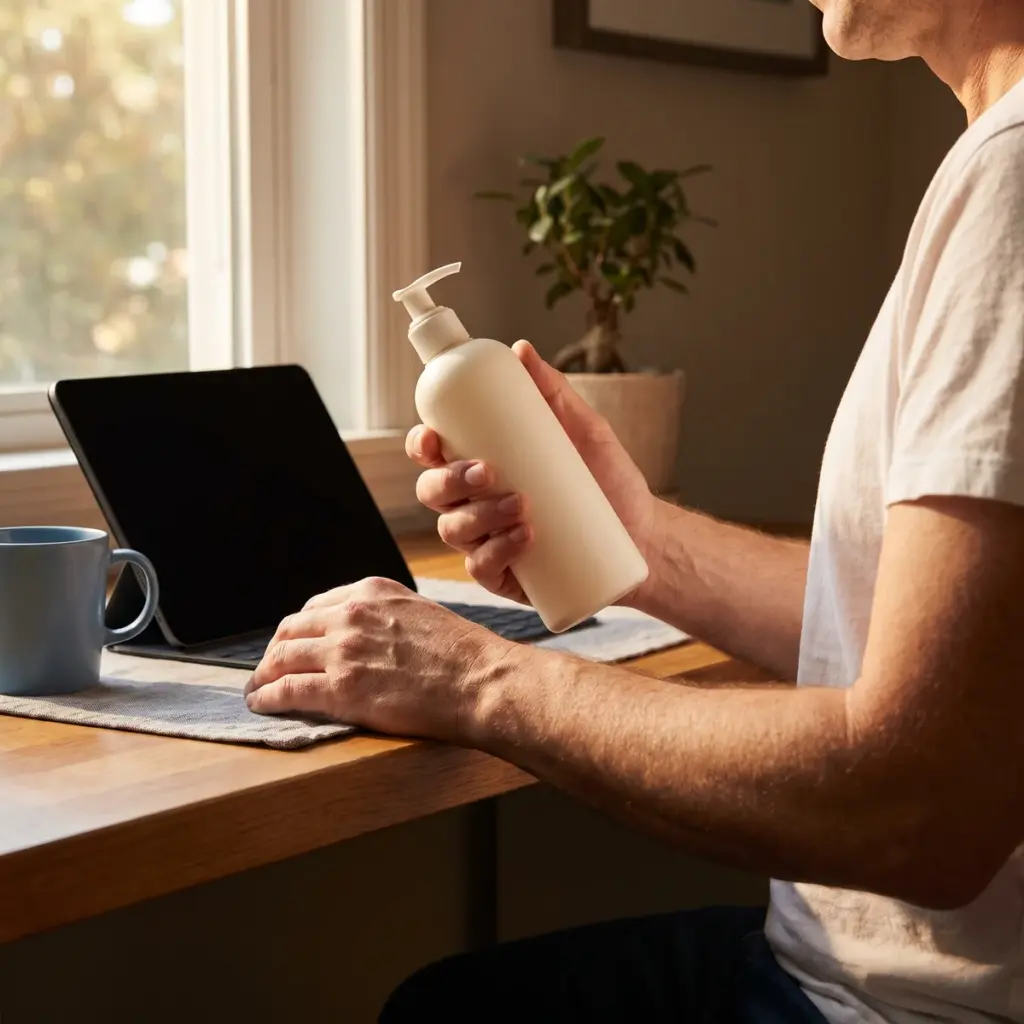 Editorial illustration of a participant holding a closed lotion bottle beside a waiting tablet.