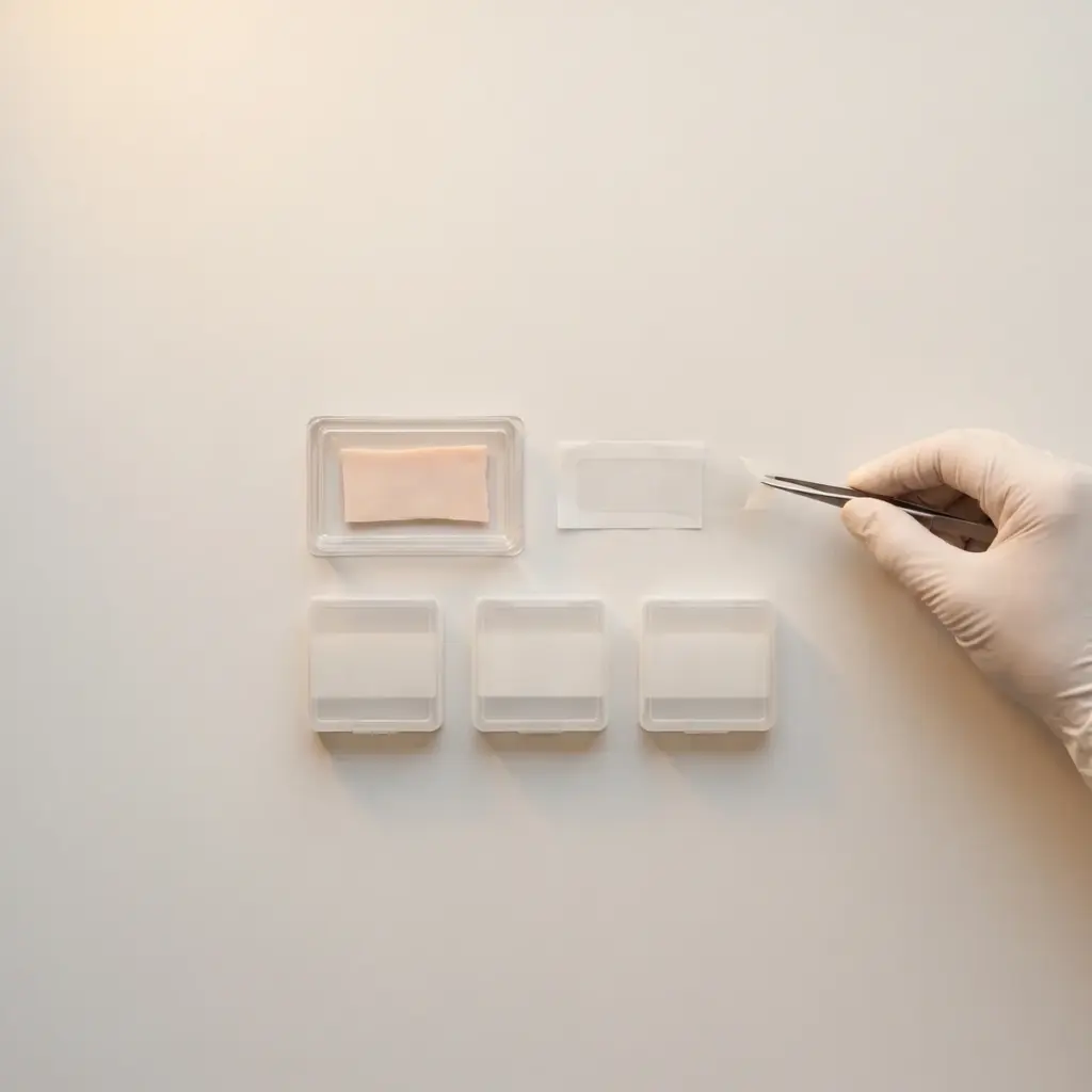 A gloved hand holds tweezers beside a transparent strip on release backing near a pale coupon and clear carriers.