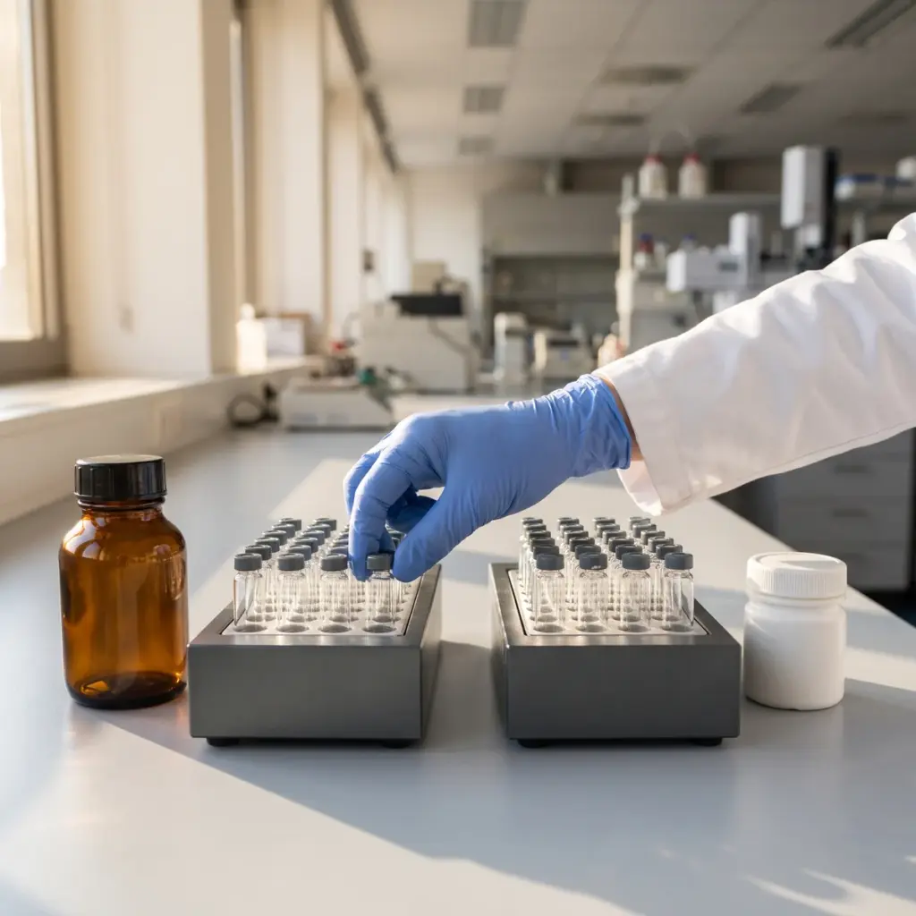 A gloved hand handles a capped vial among two metal vial racks beside amber and white bottles.