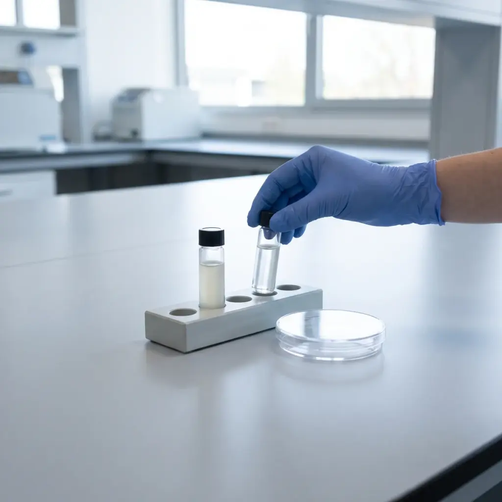 A blue-gloved hand holds a clear-liquid tube beside a cloudy sample tube and a closed culture dish.