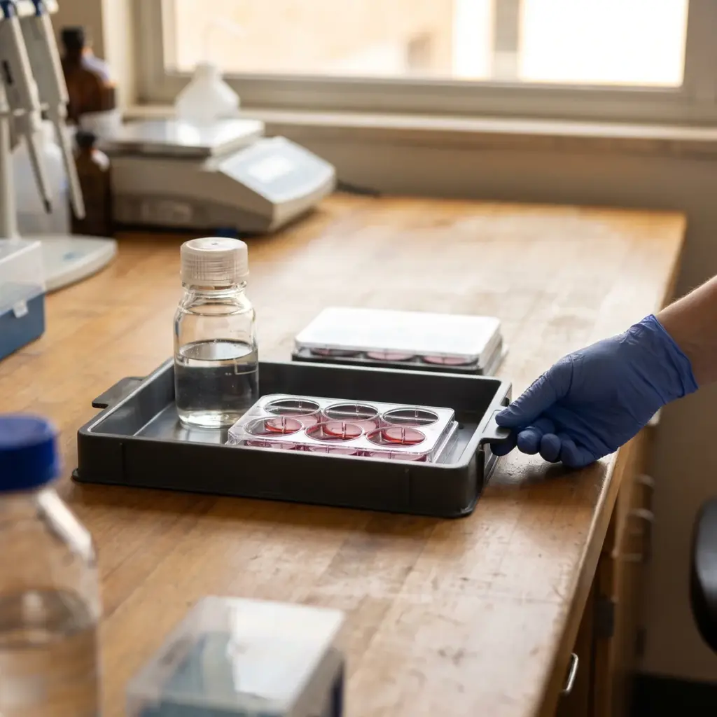 A gloved hand holds a tray containing a six-well plate with red liquid beside a capped bottle and covered plate.