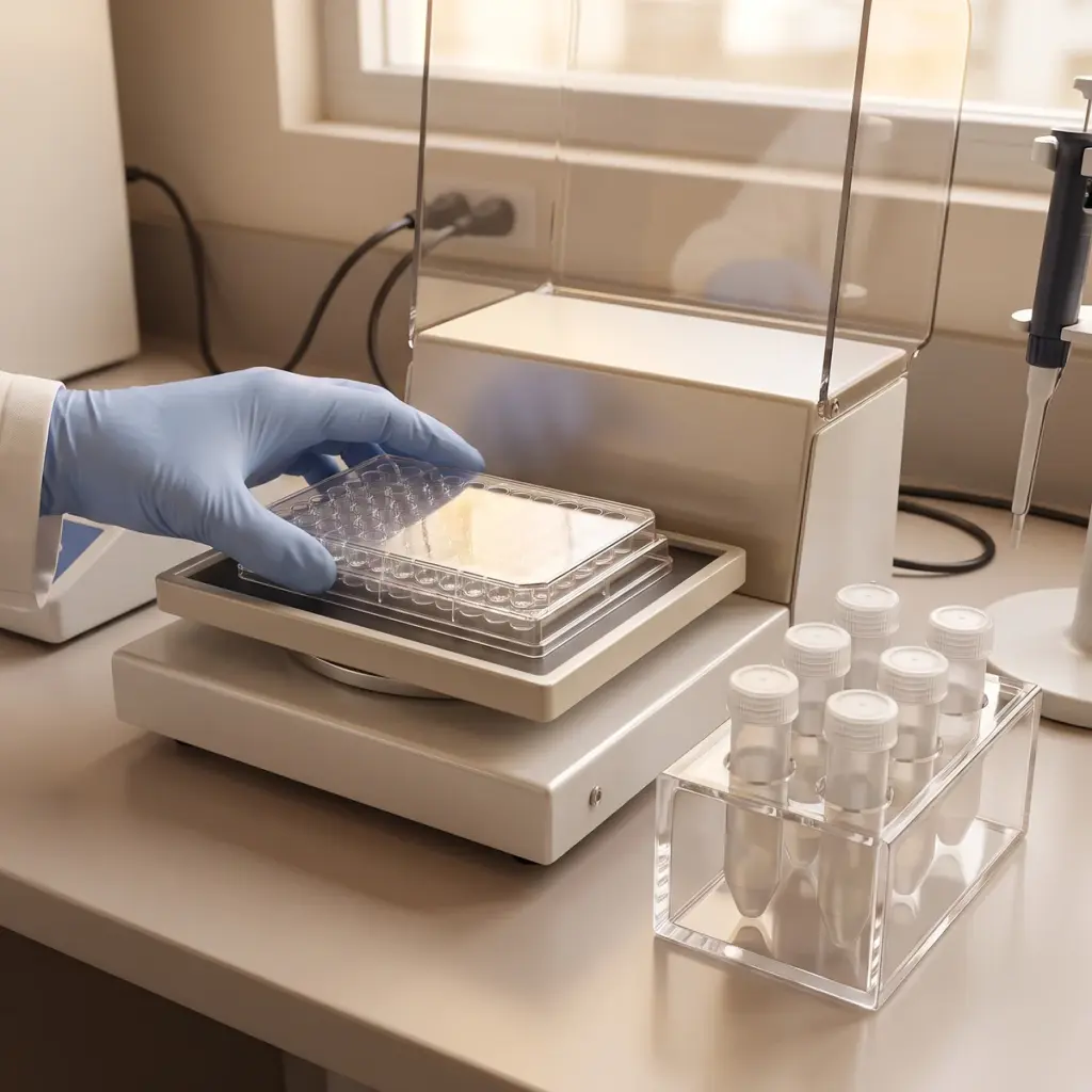 Editorial illustration of a gloved hand placing a covered laboratory plate onto a benchtop shaker.