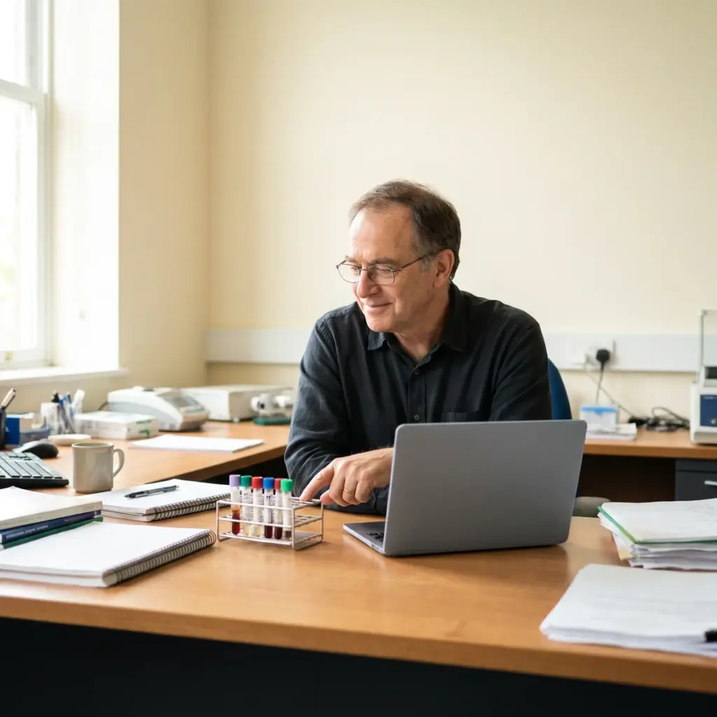 A bespectacled researcher points toward capped sample tubes beside an open laptop on a wooden desk.