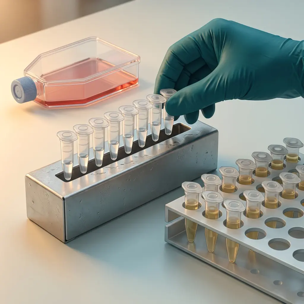 A teal-gloved hand positions capped tube strips above a slotted metal holder beside a separate sample rack.