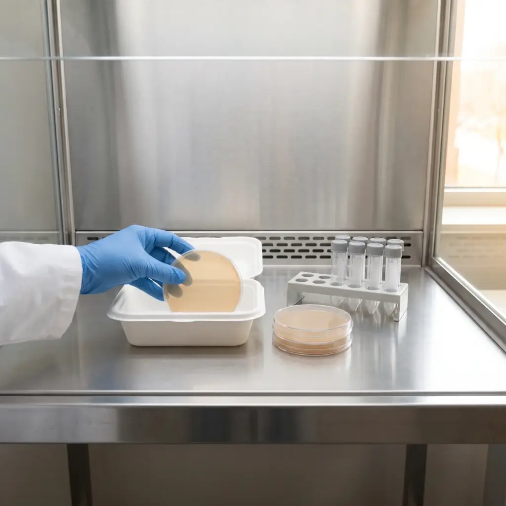 A gloved hand holds a covered agar dish above a white carrier beside capped tubes and another covered dish.