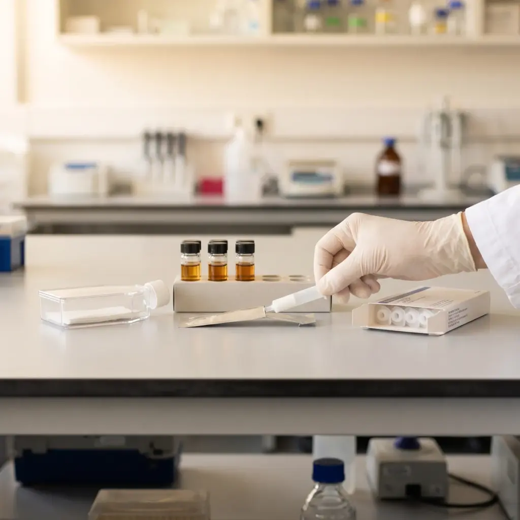 A gloved hand holds a short cartridge over opened packaging beside capped vials and a closed culture flask.