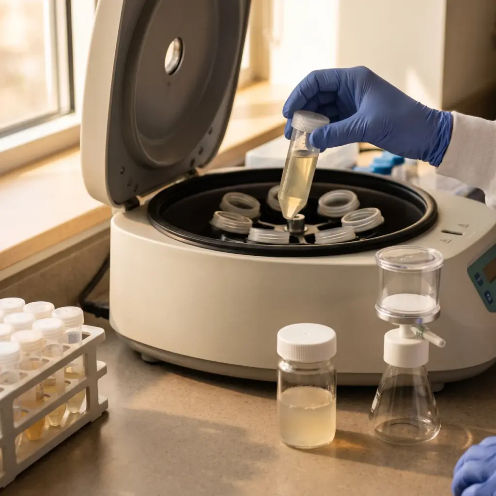 A blue-gloved hand holds a capped pale-yellow sample tube above an open benchtop centrifuge.
