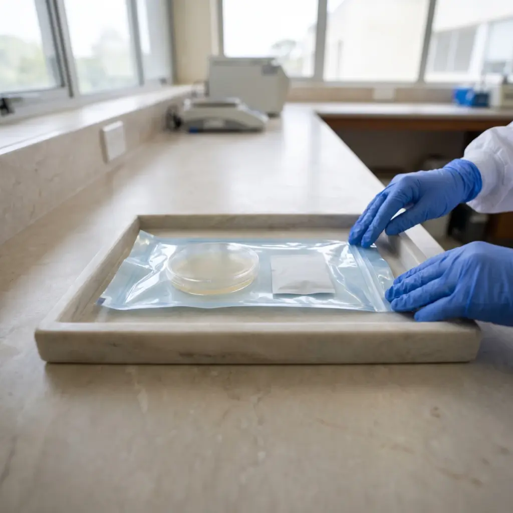 Editorial illustration of gloved hands pressing a clear pouch closure around a covered dish and plain sachet on a tray.