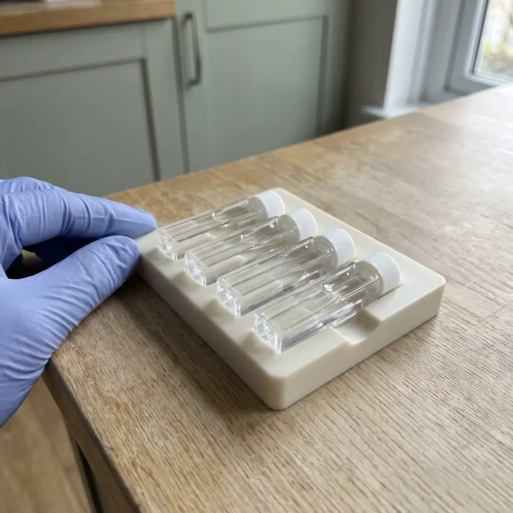 Capped clear sample vessels resting in a grooved holder on a laboratory bench.