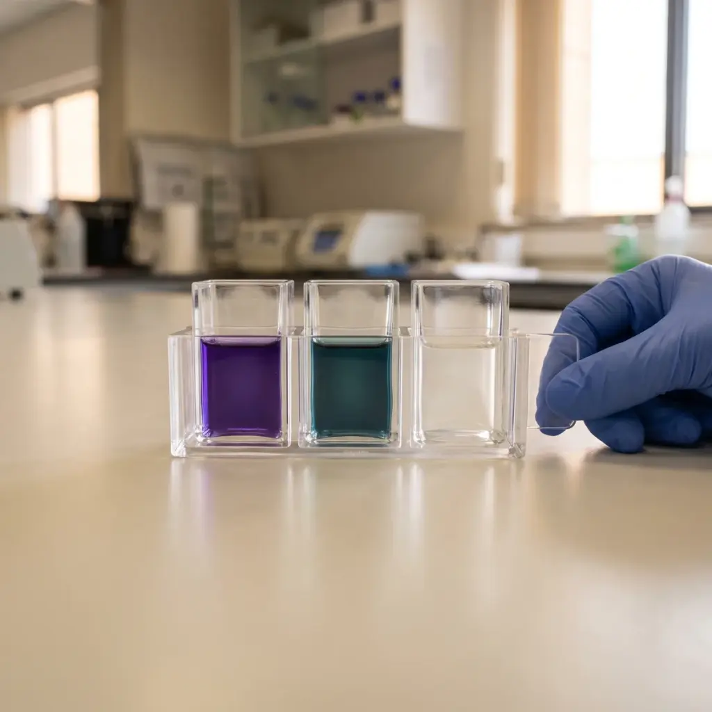 Violet, teal and clear solutions stand in transparent cuvettes beside a gloved hand.