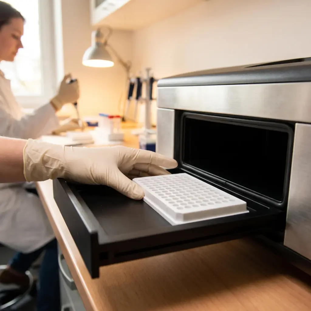 Editorial illustration of a gloved hand seating a white assay plate in a dark benchtop instrument drawer.