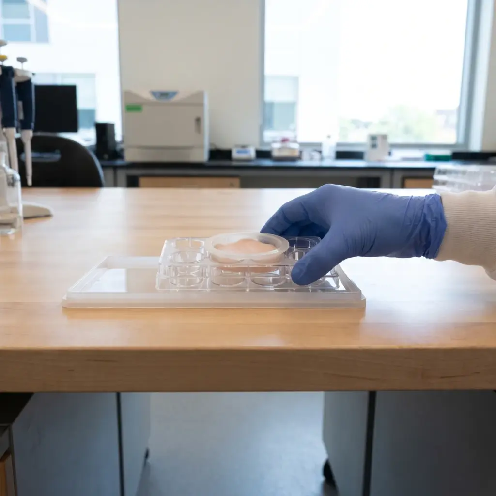 A blue-gloved hand guides a clear multiwell plate containing a circular tissue-like insert into a shallow carrier.