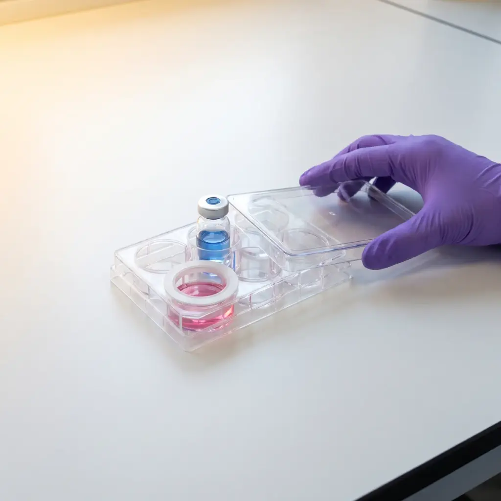 A purple-gloved hand moves a clear lid beside a multiwell plate with a circular insert and blue-filled vial.